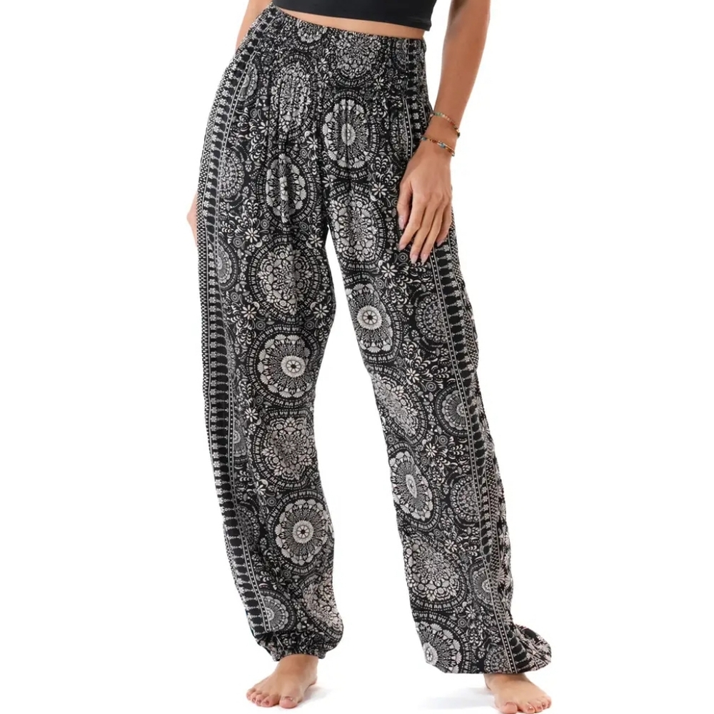Black and White Wide Leg Pants with Bohemian Patterns